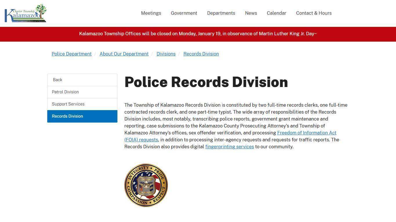 Police Records Division - Charter Township of Kalamazoo, MI