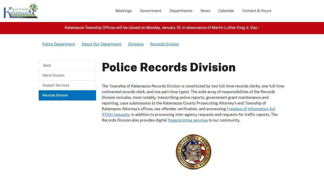 Police Records Division - Charter Township of Kalamazoo, MI